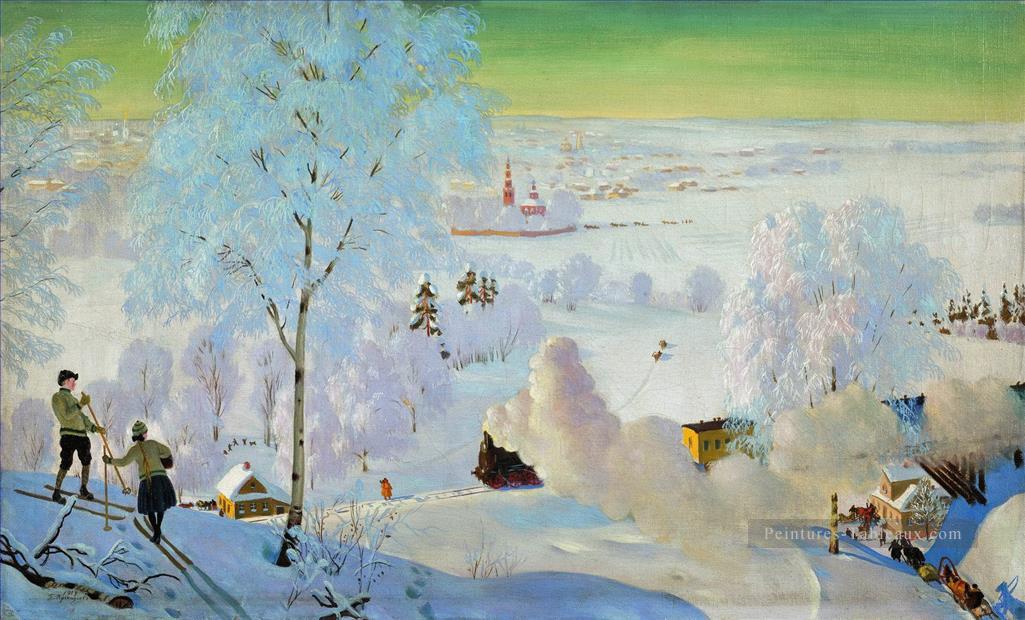 skieurs 1919 Boris Mikhailovich Kustodiev paysage de neige Peintures à l'huile